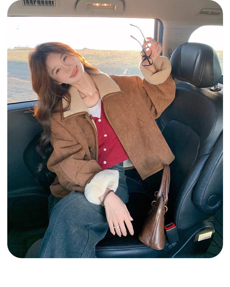Women's Fashionable Petite Shearling Coat: Thickened, Reversible with Fur and Suede-Like Fabric, Short Anti-Suede Plush Top