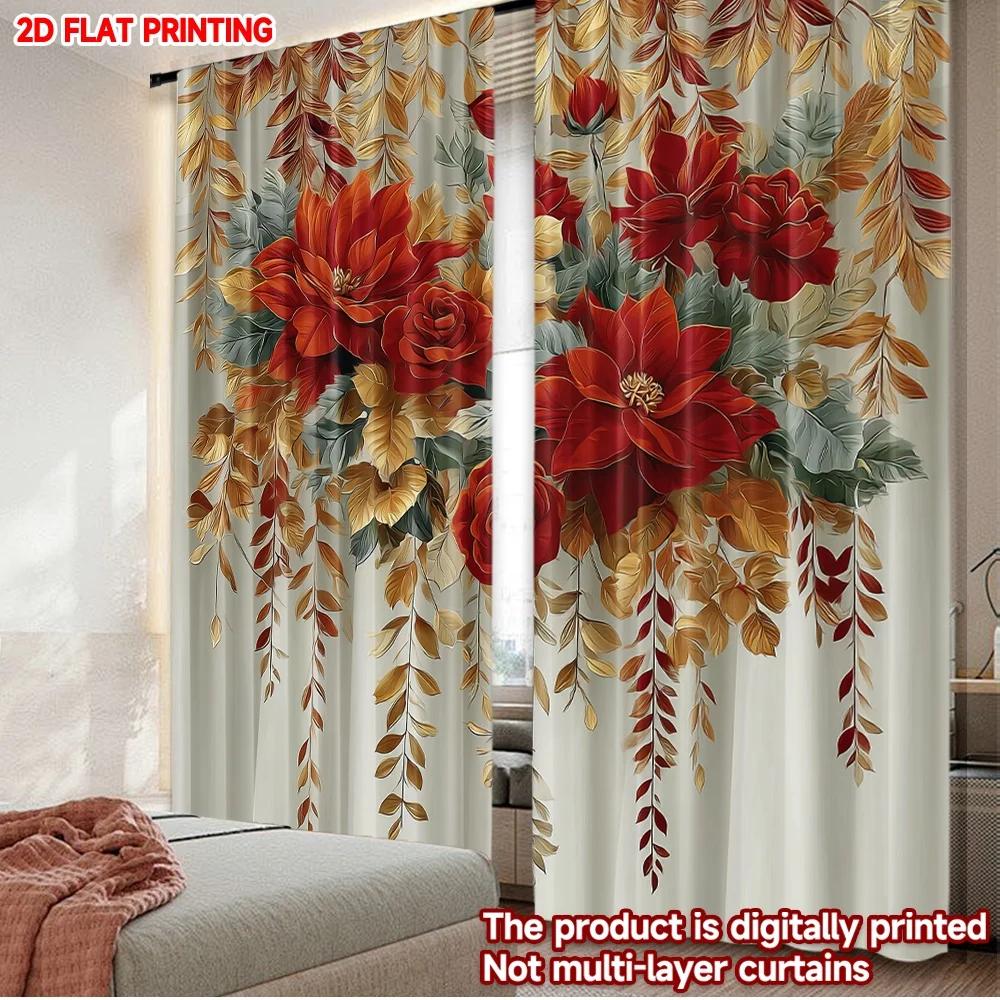 

Set Of 2 Modern Red Yellow Floral Curtains Digital Printing Bright Blossom Green Leaves Pattern Window Decor Living Room Curtain Polyester Perfect For W100*H70(CM)-Grommet top&2PCS
