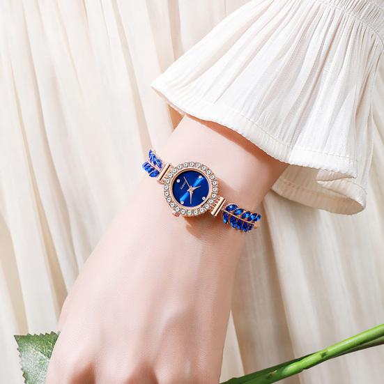 Women Rhinestone Leaf Watch Round Dial Ladies Casual Formal Dress Quartz Bracelet Wristwatch Fashion Jewelry Accessory