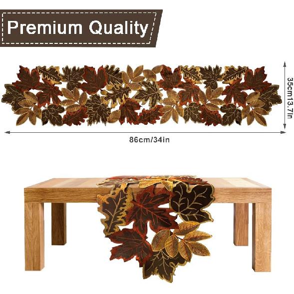 Fall Table Runner 13.7×34 Inches with Embroidered Maple Leaves, Thanksgiving Farmhouse Harvest Theme Dinning Coffee Table Decor Autumn Decorations