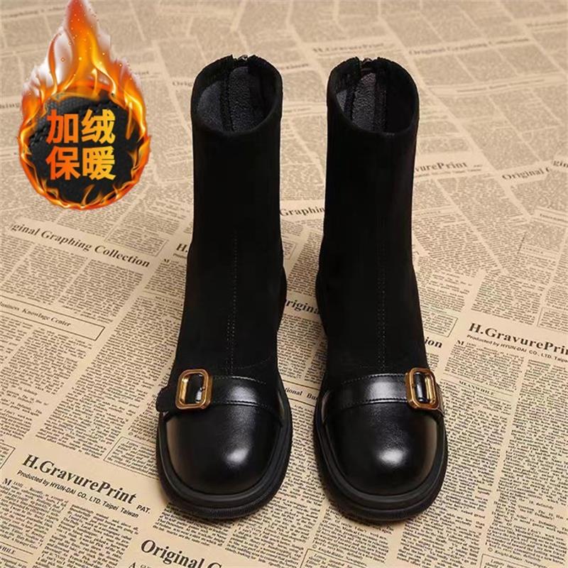 Retro Velvet Short Boots Women's Boots Autumn and Winter New Elastic Thin Boots Socks Boots Brown Medium Boots