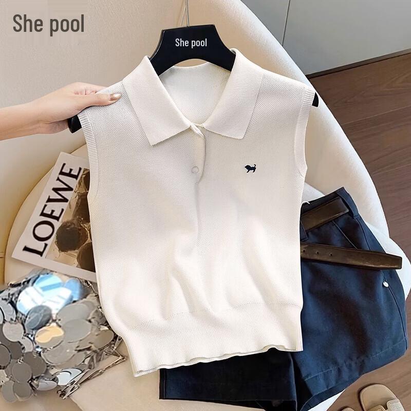 

Women s Embroidered Lapel Sleeveless Knit Top M