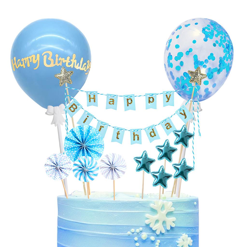 Birthday Cake Decoration Set with Balloons, Stars, Fans and Banners for Party Supplies