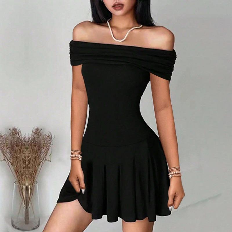 Women Sexy Off Shoulder High Waist Solid Short Pleated A Line Casual Dress