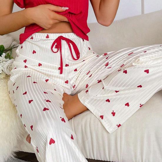 Women's Heart Print Pants Pajama Set Crewneck Ruffle Cap Sleeve And Long Pants 2 Piece Sleepwear Set Soft Lounge Pjs Set