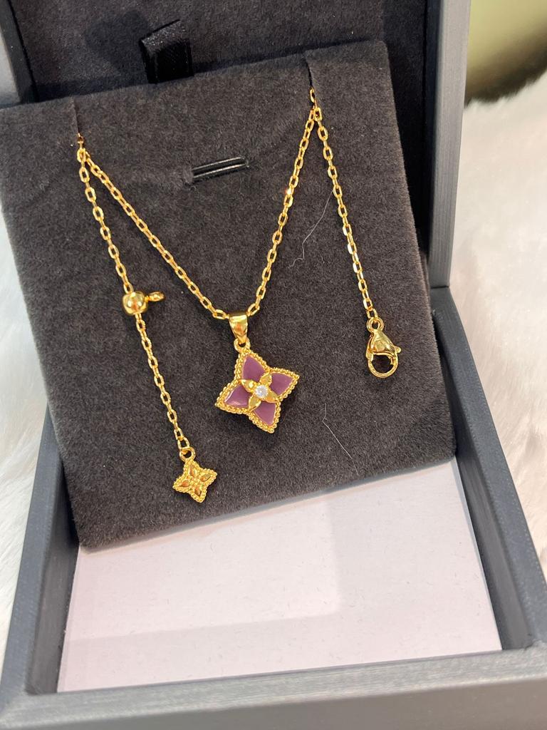 Light Luxury Powder Shell Purple Chalcedony Laser Four-Leaf Clover Five-Flower Bracelet Retro Court Style Sweet Temperament Necklace