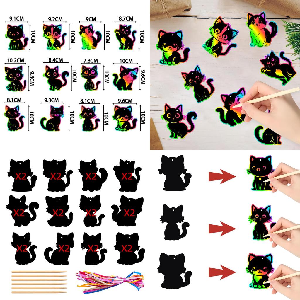 Cat Birthday Party Decor Scratch Card Kit With Colorful Finish And Diy Hanging For Kids Celebrations