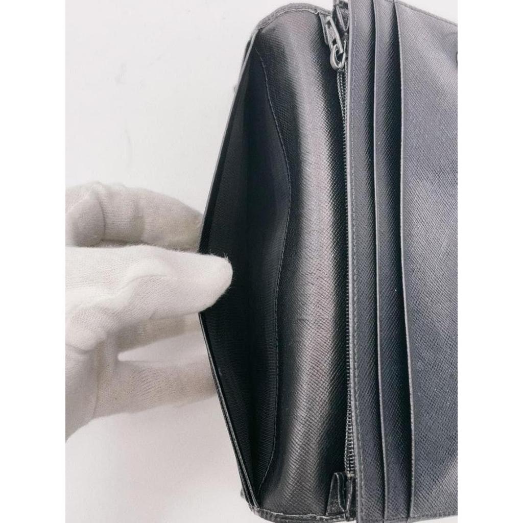 Used Prada Saffiano Leather Flap Long Wallet, Triangle Logo, Black, with Guarantee Card