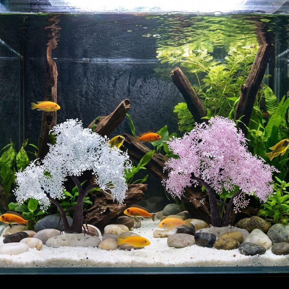 Realistic Aquarium Cherry Blossom Plastic Landscape Tree Fish Tank Ornament  Pet Accessories