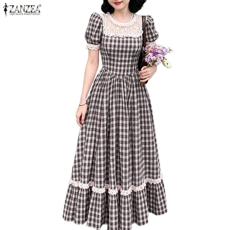 ZANZEA Abito Lungo da Donna Casual a Manica Corta con Scollo Tondo e Inserti in Pizzo con Stampa a Quadri