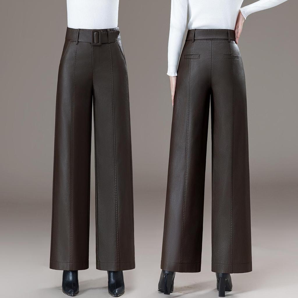 Women's High-Waist Leather Pants - Autumn/Winter 2025 Fashion: Slim Fit, Wide Leg, Versatile, Casual, Long Trousers.