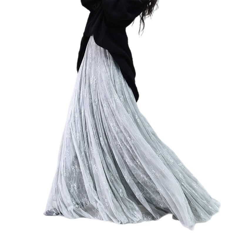 Women's Chiffon Maxi Skirts Lace Elastic High Waist Pleated A-Line Flowy Swing Maxi Skirts for Party Dance Soft Double Layer Maxi Skirts for Women