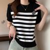 Women Sweaters Pullovers 2025 Summer Short Sleeve O-Neck Striped White Black Knitted Sweater Women Tops Pullover JJ242