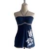Top Donna Estate 2025 Blu Floreale con Scollo all'Americana a Fascia - Vestibilità Slim & Elegante