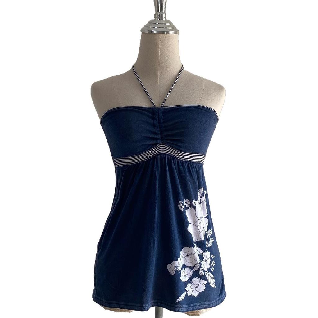 Top Donna Estate 2025 Blu Floreale con Scollo all'Americana a Fascia - Vestibilità Slim & Elegante