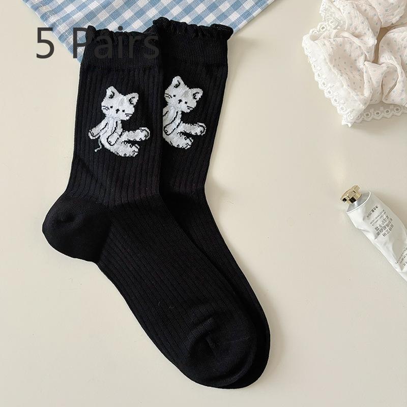 

5 пар женских милых носков с кружевом и рисунком маленького молочного кота 5 Pairs чёрный