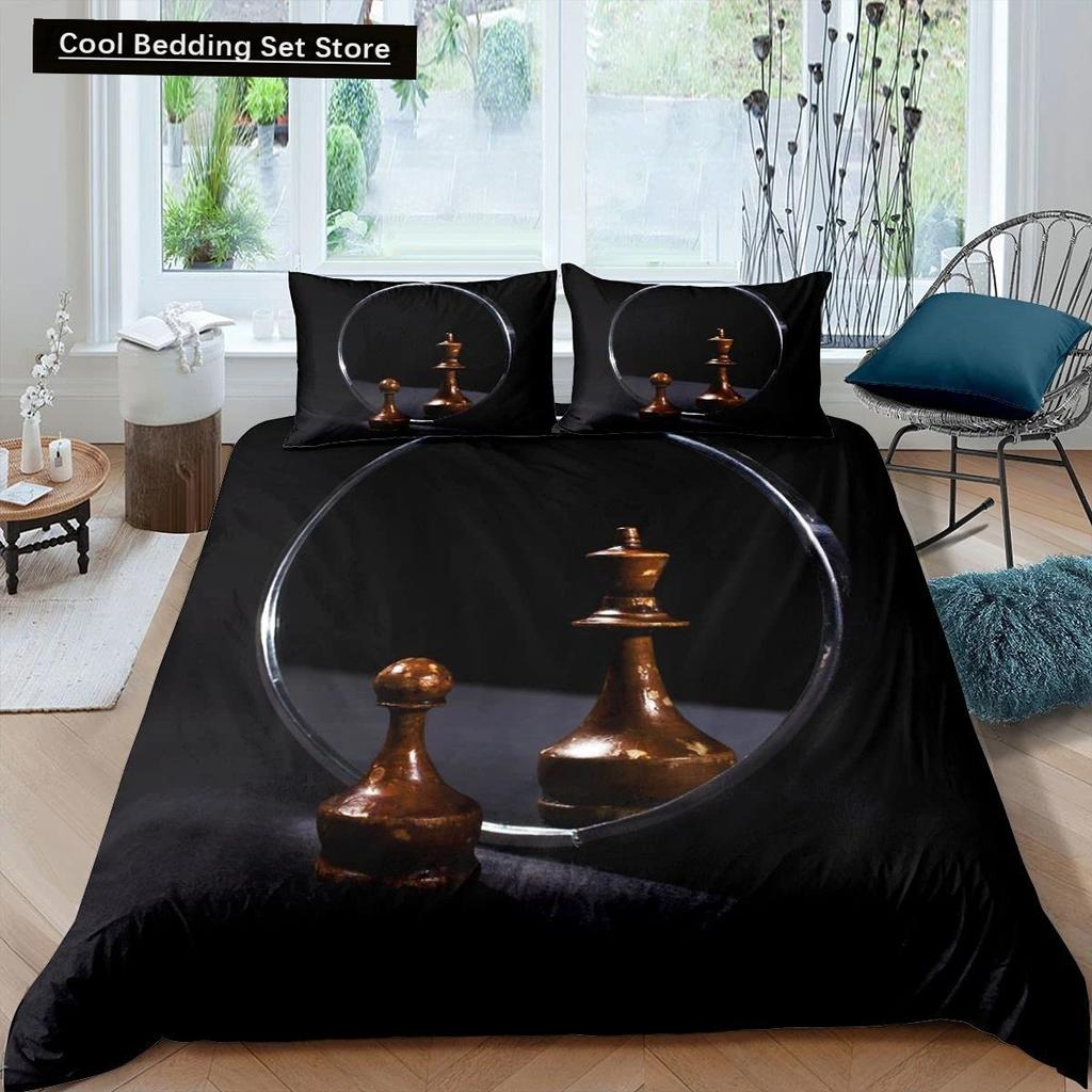 International Chess King Queen Duvet Cover Chess Board Bedding Set Black White Grid Quilt Cover Plaid Polyester Comforter Cover