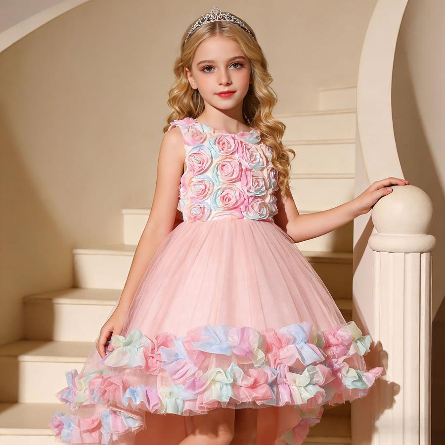 Girls Mesh Flower Runway Dress Children's Party Wedding Princess Dress with Train