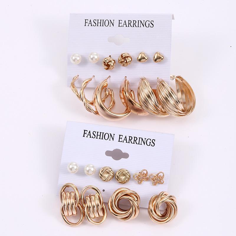 Exaggerated Geometric Butterfly Earrings Set: 12-Piece European and American Style Pearl Earrings for Women