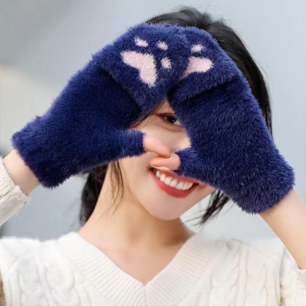Fingerless Cat Paw Gloves Warm Fleece Touch Screen Gloves New Flip Knit Mittens  Women Girls