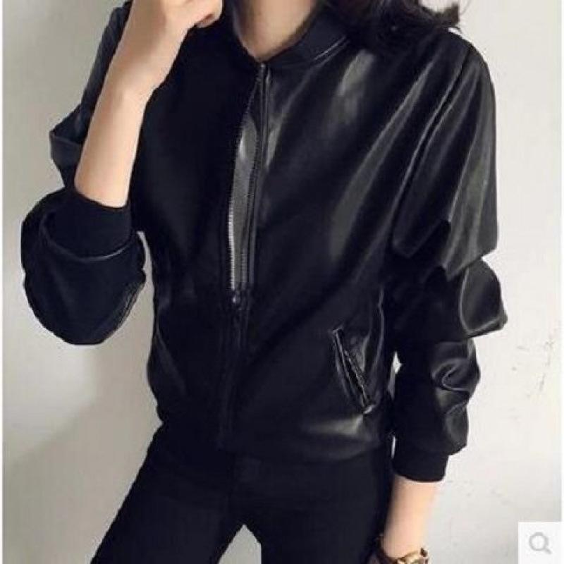 

Autumn Korean Version of Western-style PU Leather Jacket Female Students Short Retro Stand Collar Zipper Black Motorcycle Jacket Cardigan S