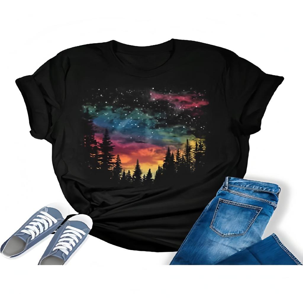 Hiking Mountain Shirt Camping Nature Sunrise Pine Tree Tops Short Sleeve Regular Fit Graphic Tees