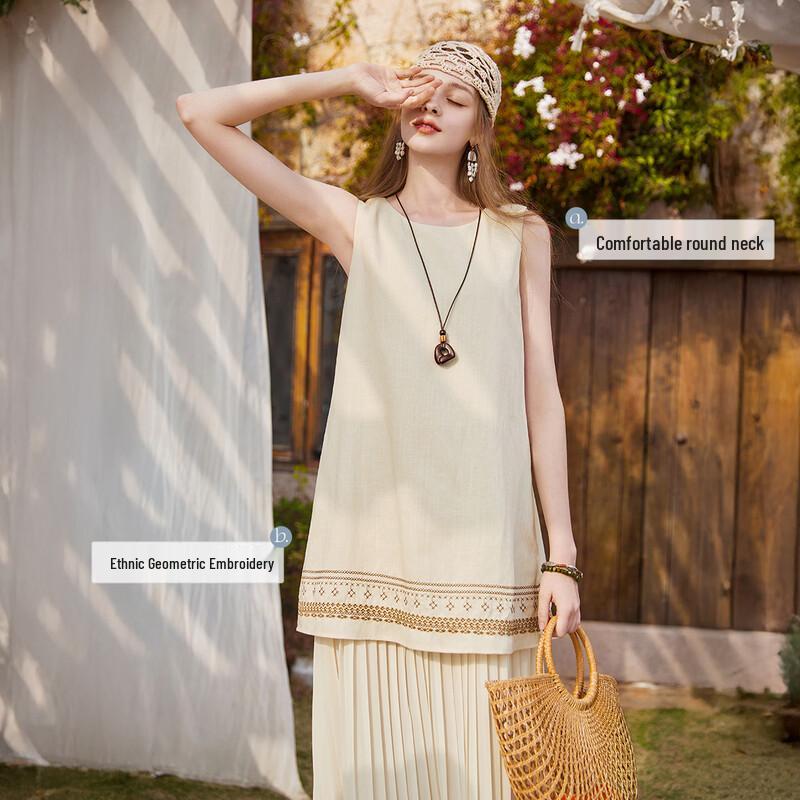 Women's Ethnic Embroidered Linen Blend Sleeveless Dress