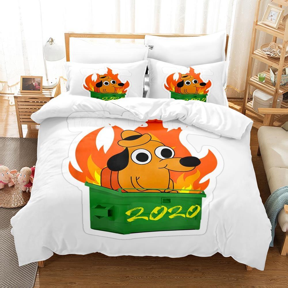 3D Anime Bed Sheet Sets This Is Fine Dog Bedding Set Single Twin Full Queen King Size Bed Set Adult Kid Bedroom Duvet Cover Sets