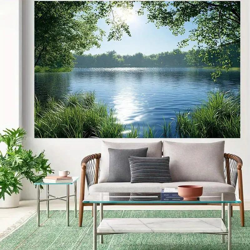 2D plane lake scenery background lush green trees dynamic decorations polyester fiber material