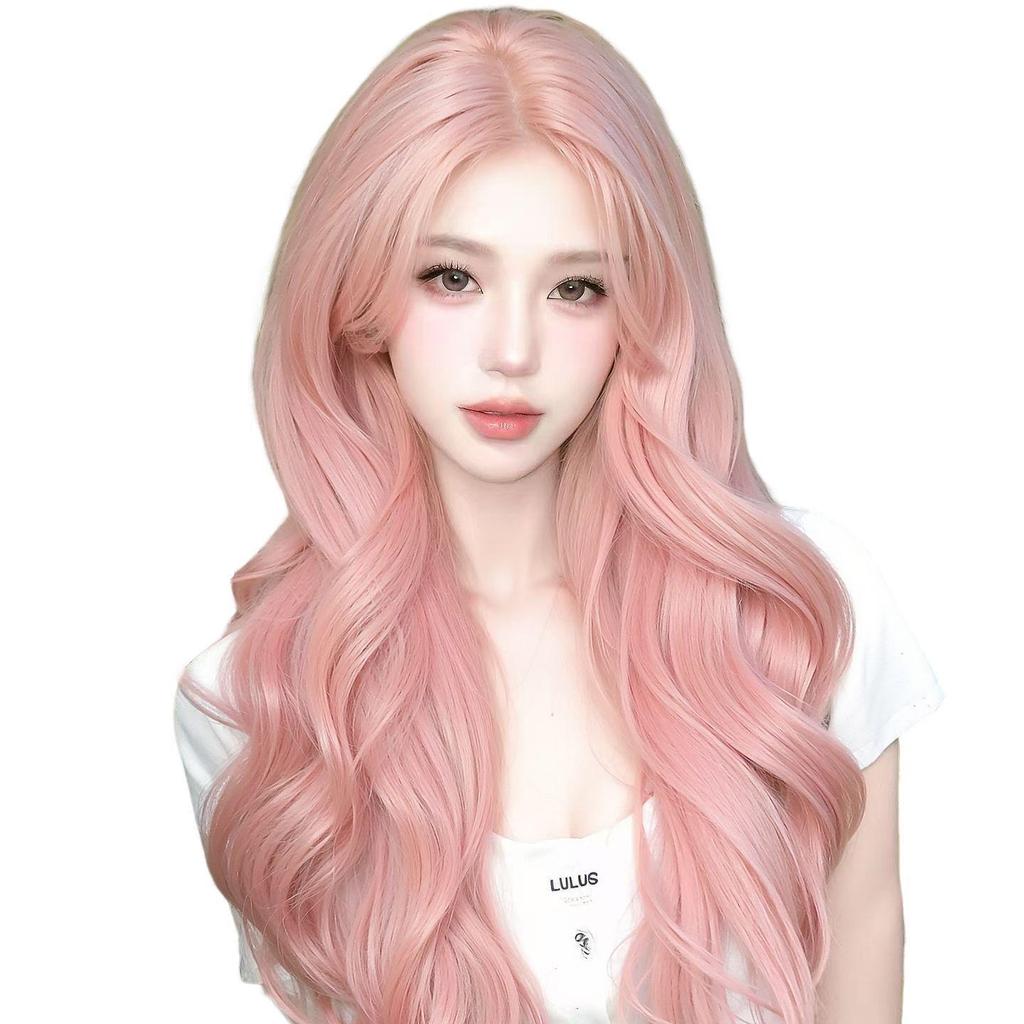Parrucca Lolita Rosa Lunga Riccia Soffice - Vivace, Copricapo Completo per Donna con Grandi Onde
