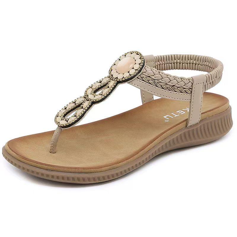 New Women's Summer Flip-Flop Bohemian Sandals Soft Sole Non Slip Rhinestone  Outdoor Big Size Beach Sandals Flat Sole Sandals