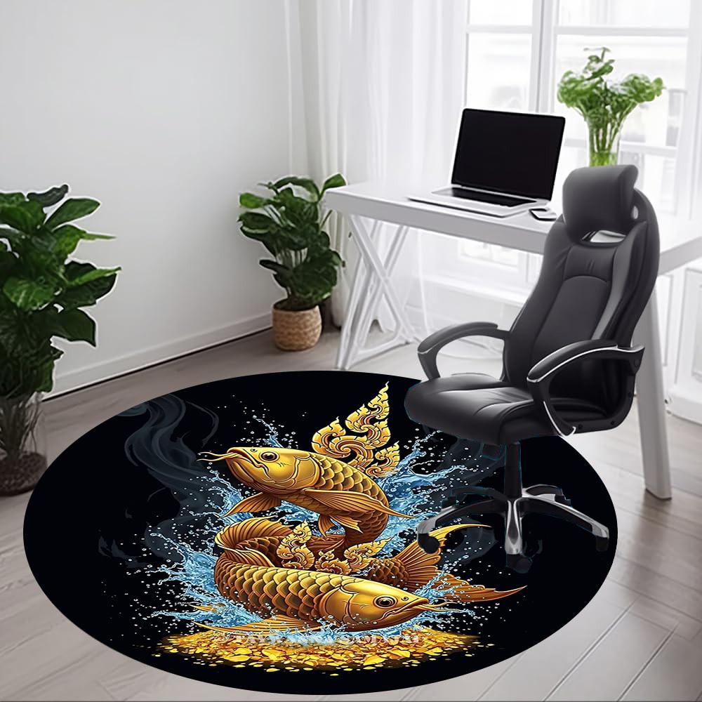1pc Golden Fishes Splash Office Round Area Rug, Under Office Chairs Bedroom Living Room Home Decor, Room Deco, Available In Various Sizes