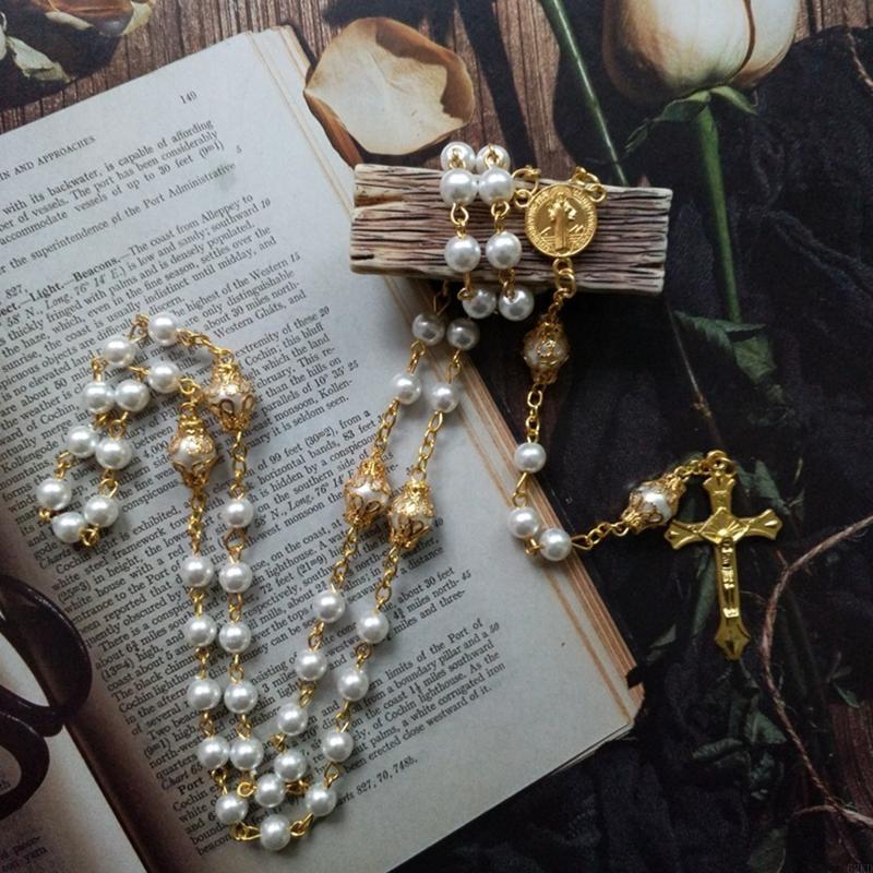 62KD Vintage Pearl Beads Rosary Necklace Jesus Christ Crucifix for Cross Pendant Necklaces for Women Jewelry Charm Prayer Gifts