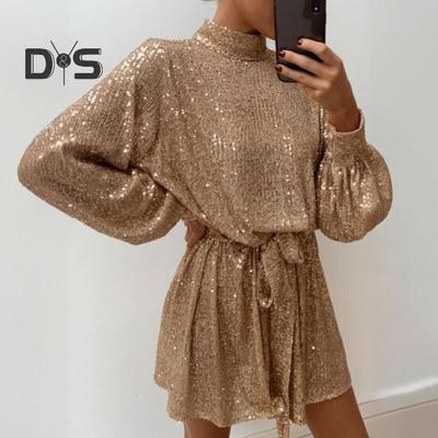 Women Sequined Lace Up Dress O-neck Long Sleeve Short Dress Solid Color Spring Autumn Dress with Waist Tie for Parties Weddings Clubs Bars