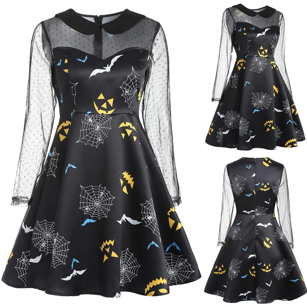 

Женское кружевное лоскутное платье с длинным рукавом и принтом Хэллоуина больших размеров