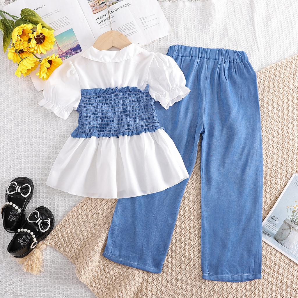 Neues 2025 Sommer Kinder Mode Zweiteiler für Mädchen Oberteil + Weitbeinige Hose Blauer Anzug Schuluniform