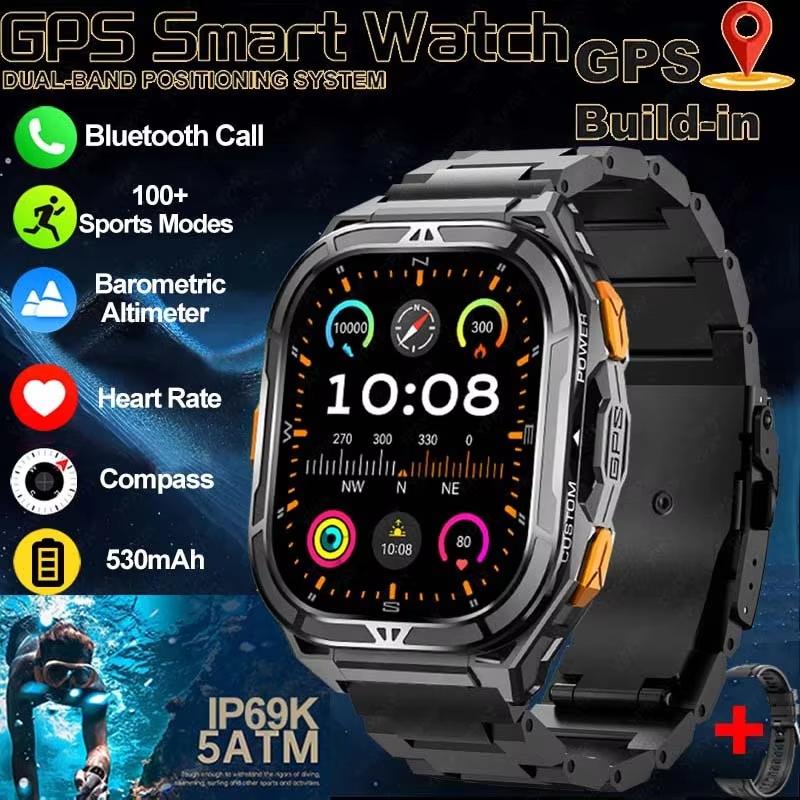 New GPS Track Smart Watch Men 5ATM Waterproof 1.96" Always Display Compass Heart Rate 530mAh Battery BT Call Smartwatch