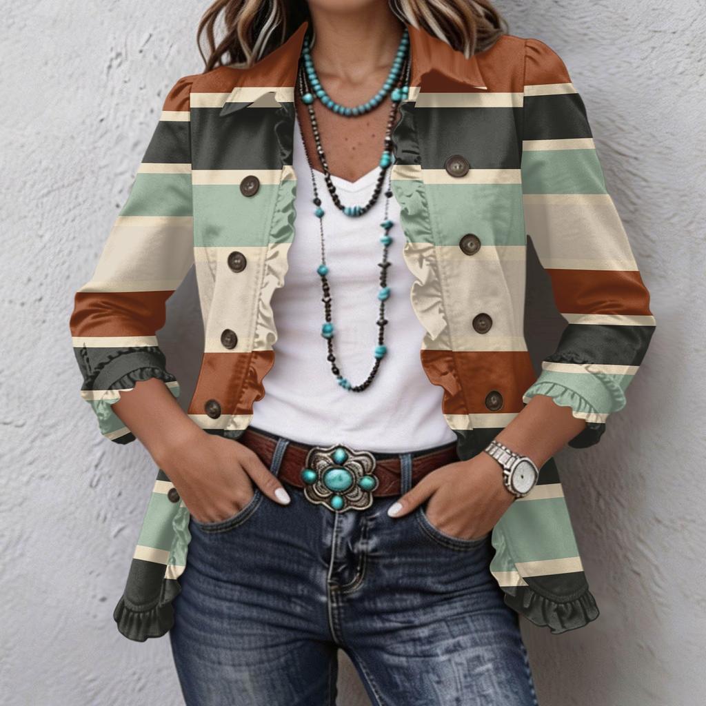 Women's Striped Print Long Sleeve Ruffle Button Front Shirt Jacket for Casual Wear