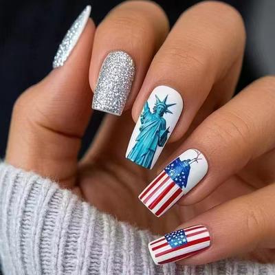 24 Pcs 4th of July Full Cover Stick On Nail Mediuim Square False Nail Independence Day Press On Nail Artificial Nail