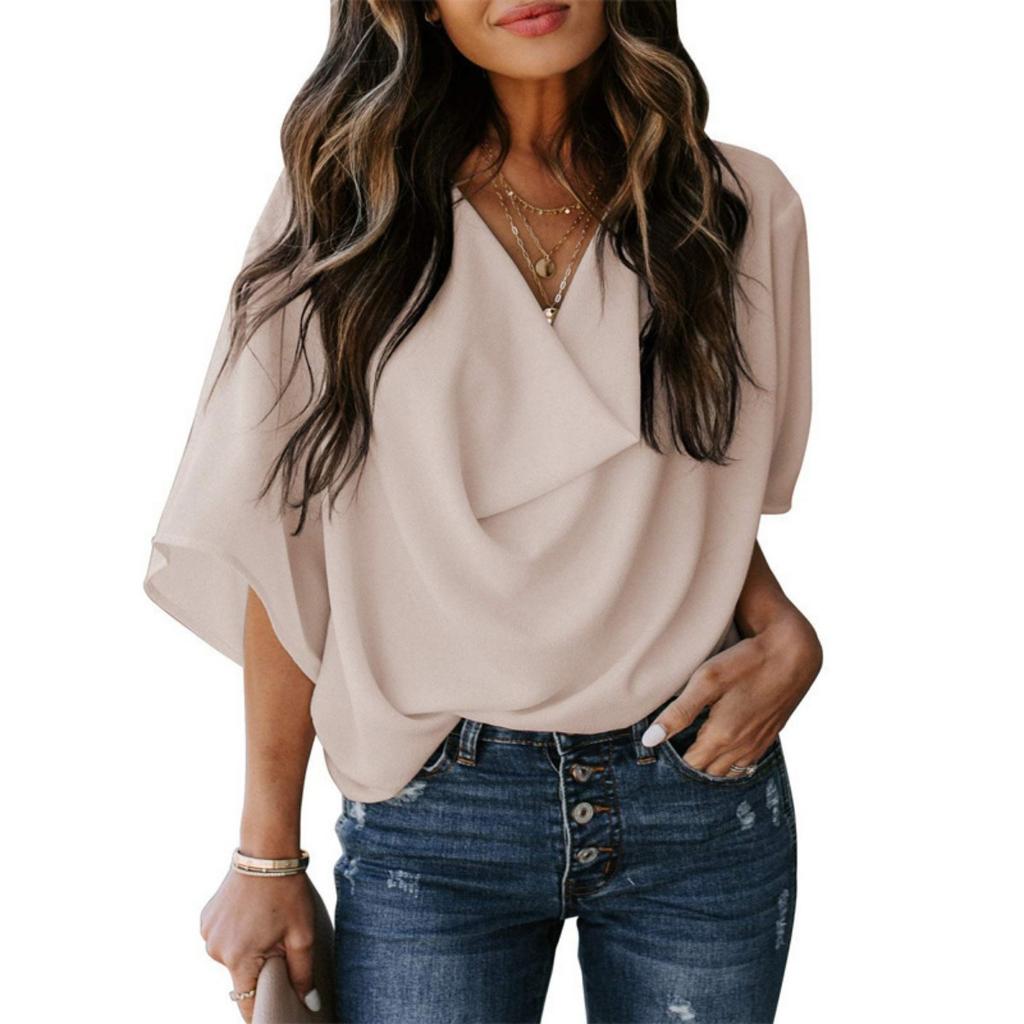 New Women's Casual Loose V-neck Chiffon Blouse Shirt T-shirt Top for Women European American Style