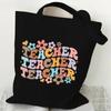 Teacher's Day Gift Teacher Print Canvas Tote Bag Women Handbag Colored Letters Teacher Canvas Tote Bag Floral Shoulder Bag