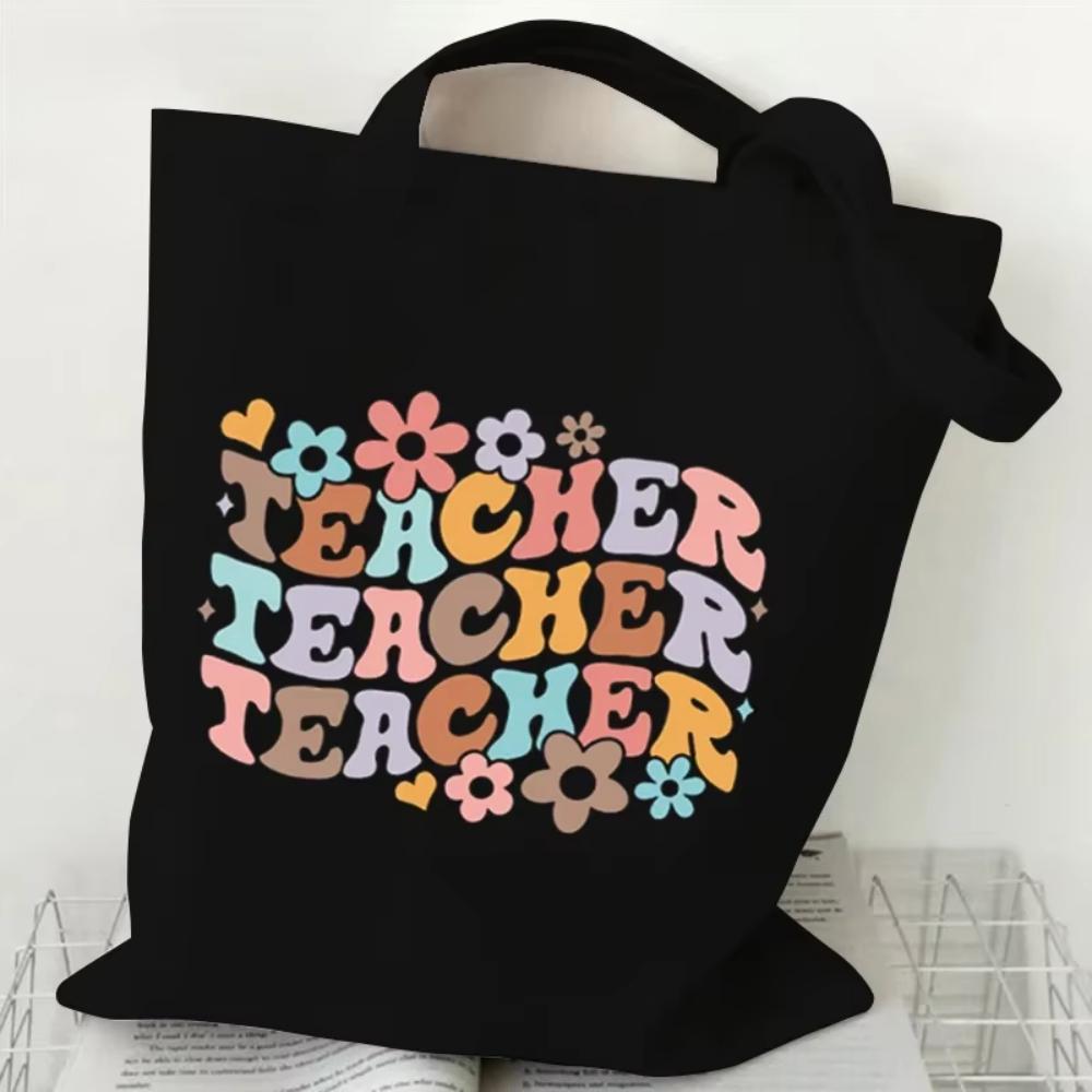 Teacher's Day Gift Teacher Print Canvas Tote Bag Women Handbag Colored Letters Teacher Canvas Tote Bag Floral Shoulder Bag