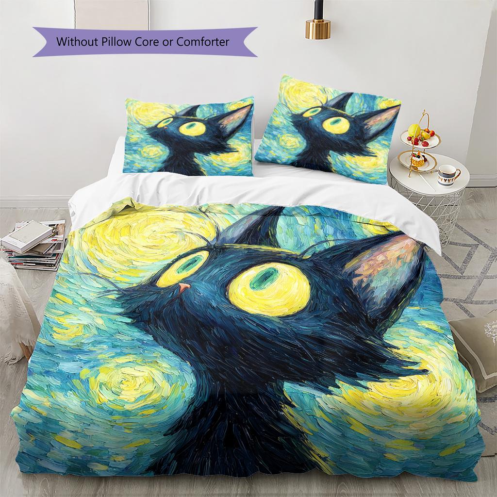 Starry Sky Black Cat  Pattern Bedding Quilt Set Quilt Cover Pillowcase Home Decoration  Gift (1 * Duvet Cover + 2 * Pillowcase, Without Core)