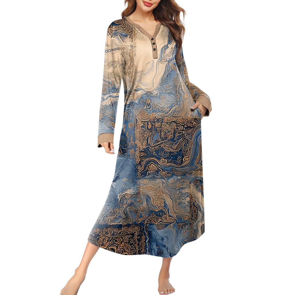 Dámská noční košile dlouhá společenská V-výstřih noční košile s kapsami