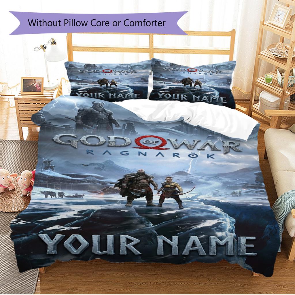 Name Custom Kratos God of War Pattern Bedding Set Quilt Cover Pillowcase Home Decor Gift (1 * Duvet Cover + 2 * Pillowcase, Without Core)