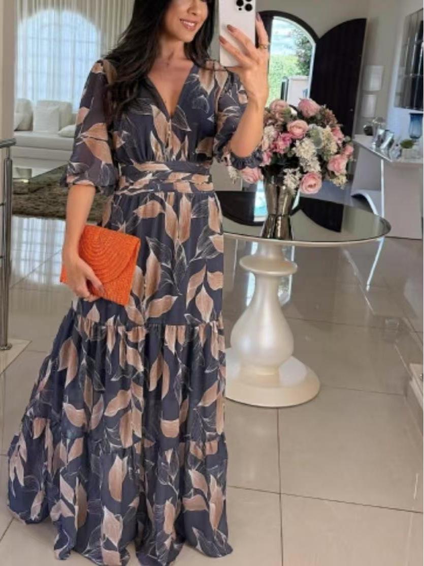 2026 Women s Elegant V-neck Printed Summer Long Dress 3XL