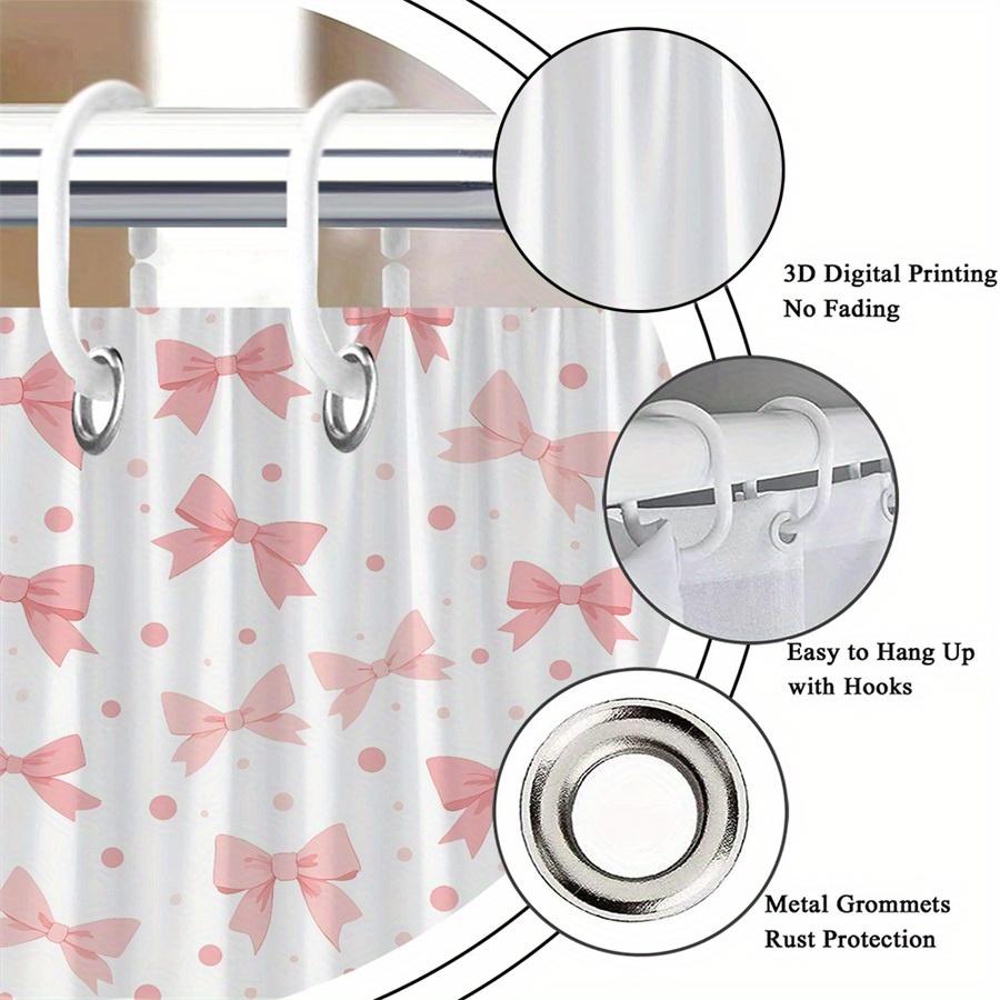 1Pc Pink Polka Dot Shower Curtain With Bow Pattern, Polyester Fabric, Machine Washable, Suitable For Bathroom Dcor.