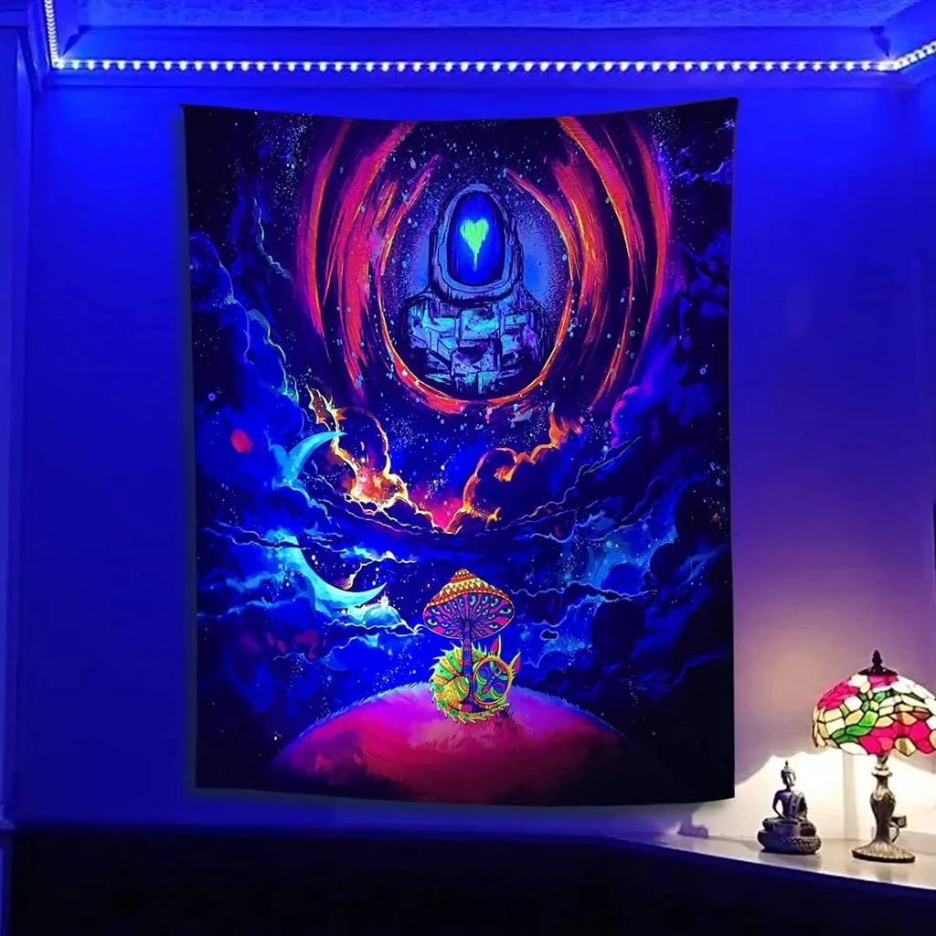 Psychedelische Schwarzlicht Schädel Kopf Fluoreszierender Wandteppich UV-Reaktive Wandteppiche Wandbehang Hippie Trippy Heimdeko