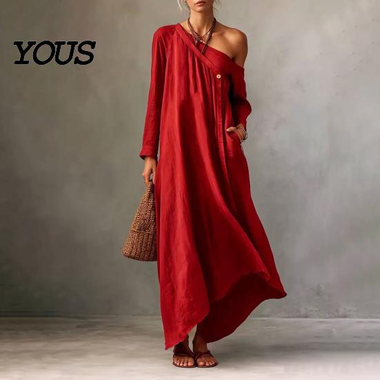 Retro Style Dress Summer Maxi for Women, Casual Loose One Shoulder Long Everyday Wear Sleeve Dress, Flowy Beach Vacation Sundress wwith Pockets Simple