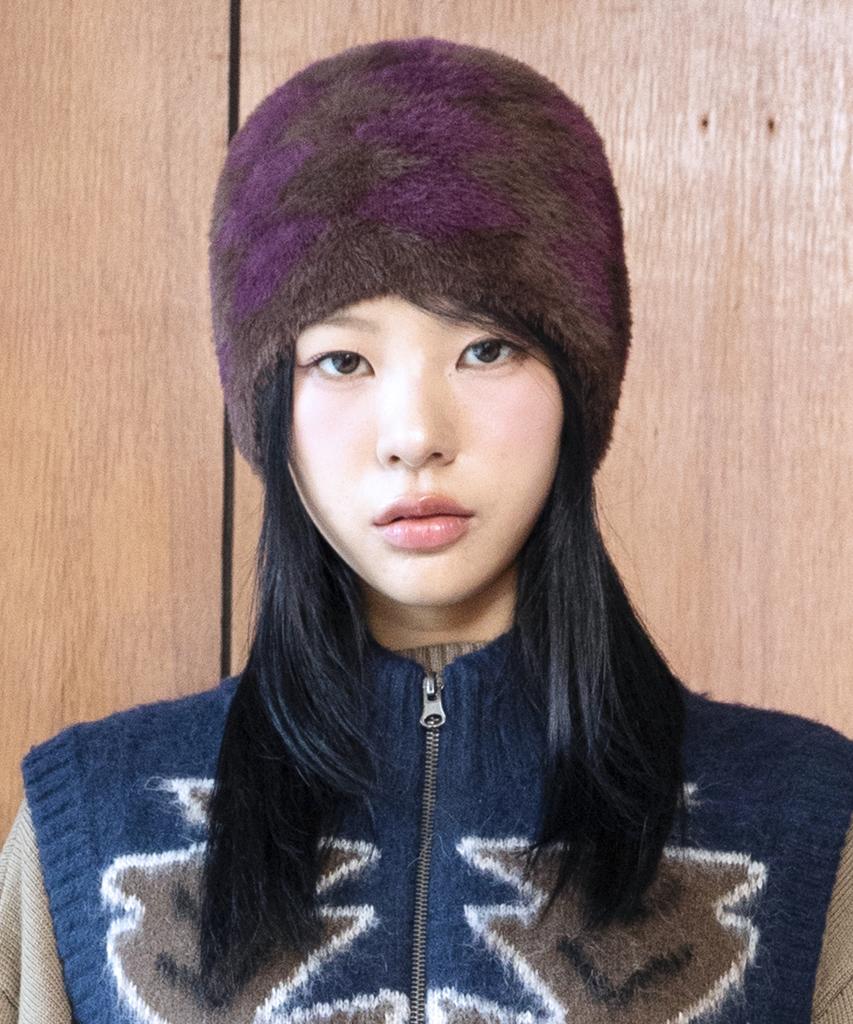 GLACK Gc076 Diamond Checker Hairy Knit Beanie (Brown)